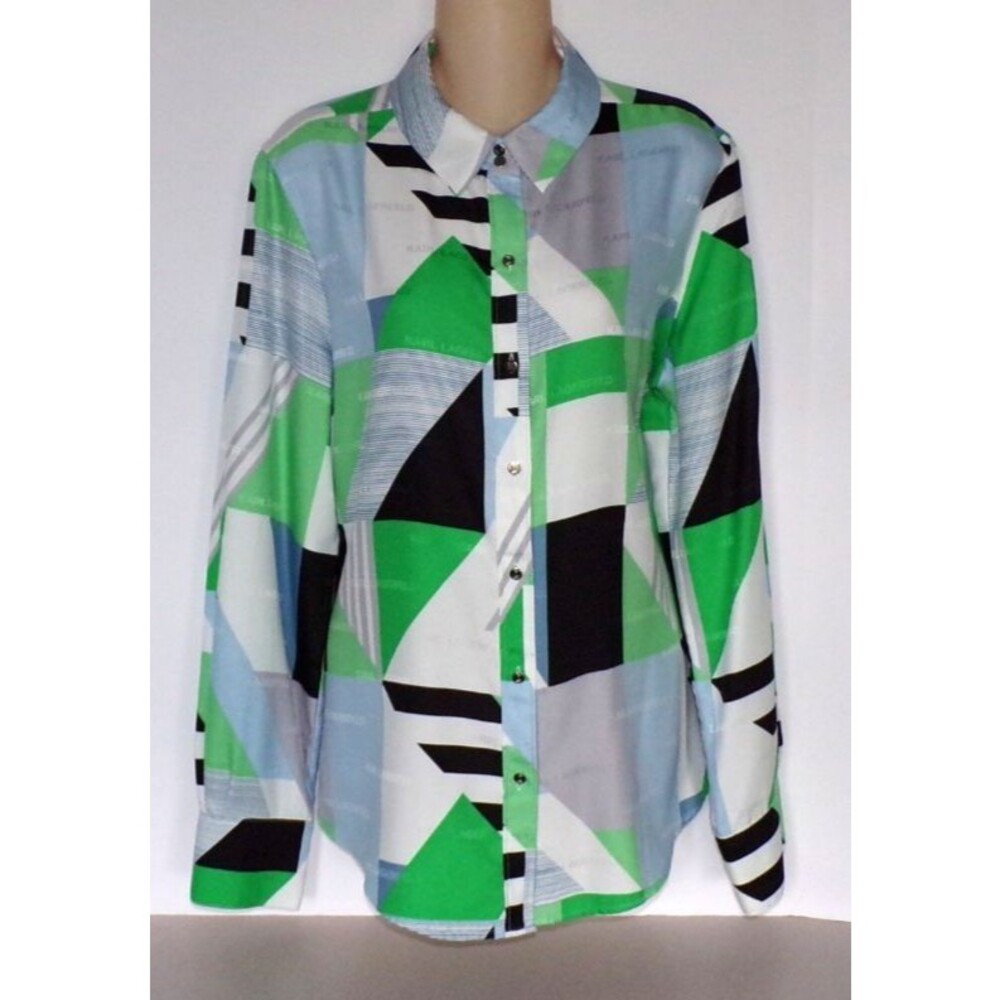 KARL LAGERFELD PARIS Women's Multi-Colored Geometrical Print Logo Blouse - Large
